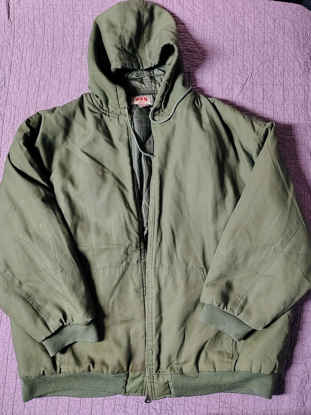 ​Vintage PJ Mark Worker Olive Green Canvas Hooded Jacket Heavyweight Quilted 5XL